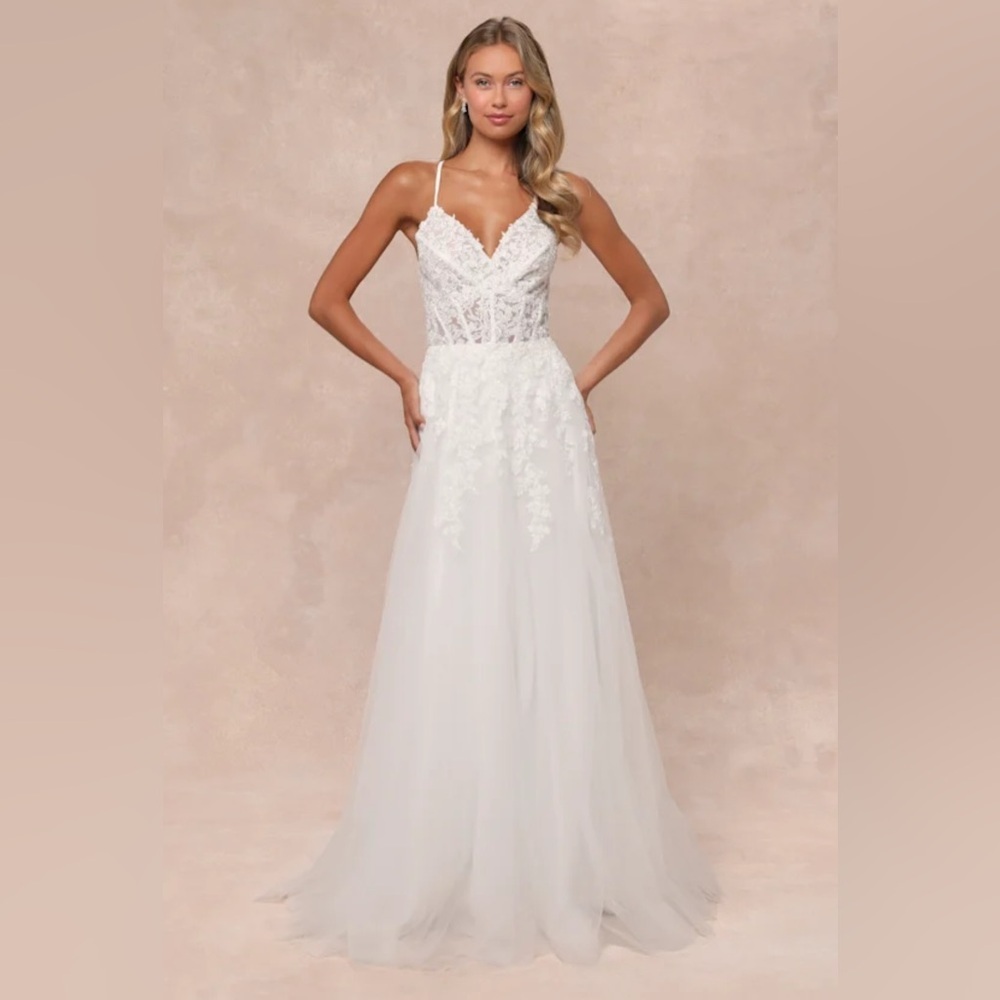 Lulu's White Lace Appliqué Spaghetti-Strap Wedding Gown